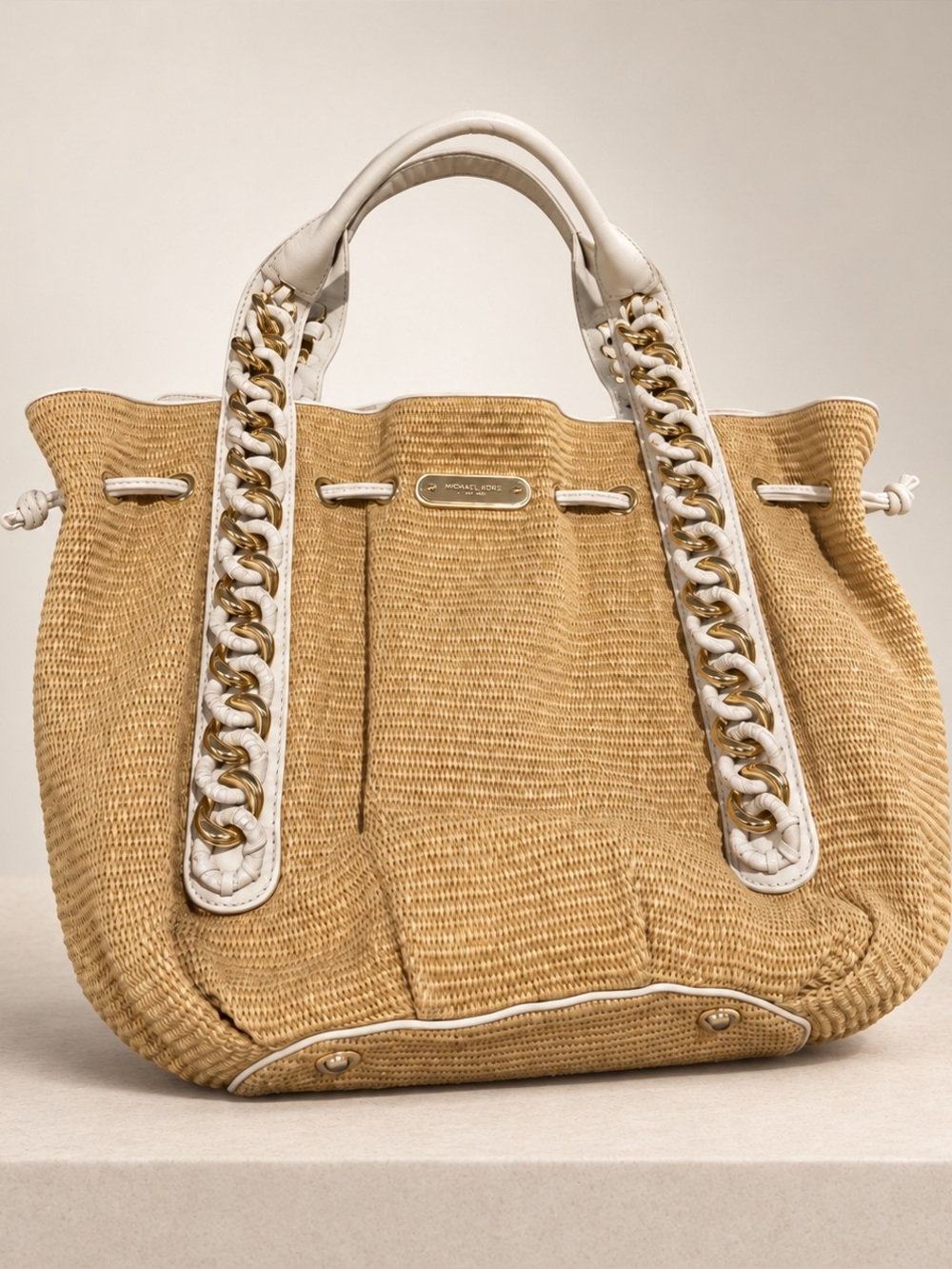 Michael Kors Straw Shoulder Bag White Gold Summer Handbag
